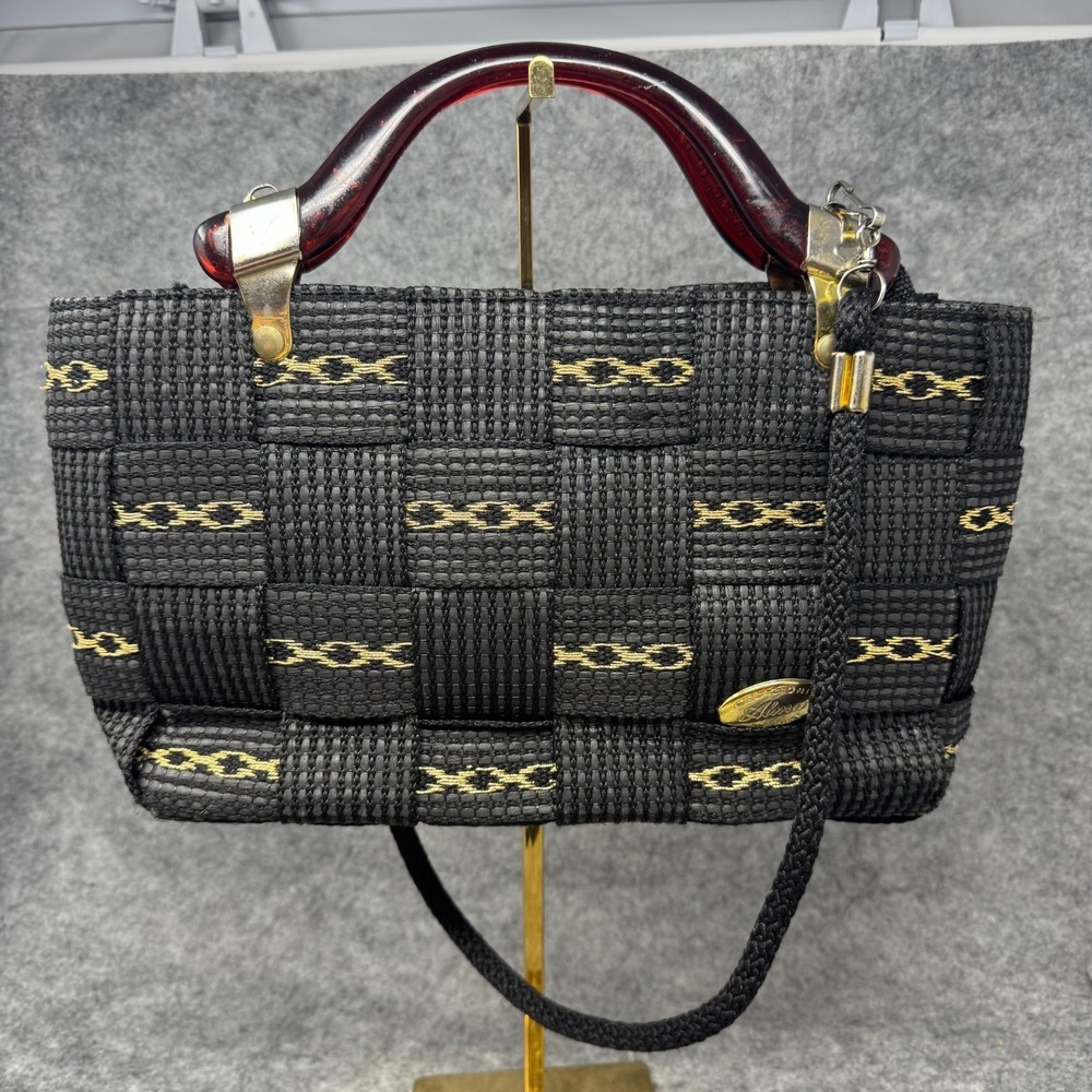 Vtg Alma Italian Woven Handbag Purse Handles Shoulder Bag Black Tortoise